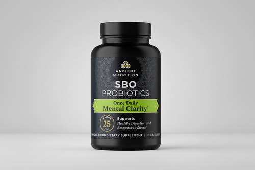 Black supplement bottle labeled 'SBO Probiotics' by Ancient Nutrition on a white background