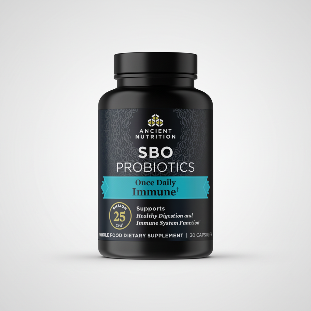 Black bottle of Ancient Nutrition SBO Probiotics on a white background