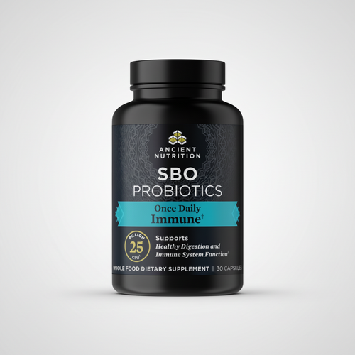Black bottle of Ancient Nutrition SBO Probiotics on a white background