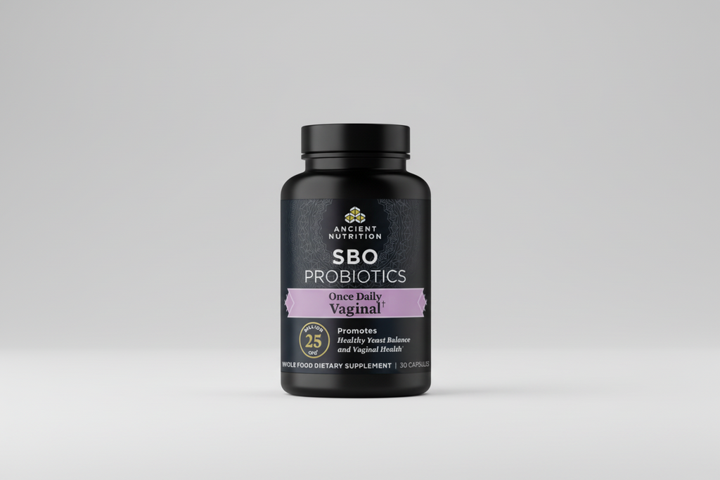 Black bottle of Ancient Nutrition SBO Probiotics on a white background