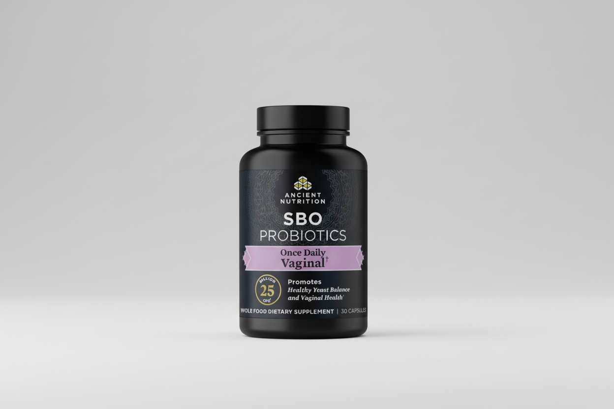 Black bottle of Ancient Nutrition SBO Probiotics on a white background