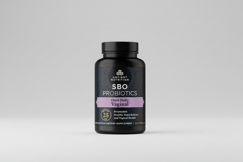 Black bottle of Ancient Nutrition SBO Probiotics on a white background