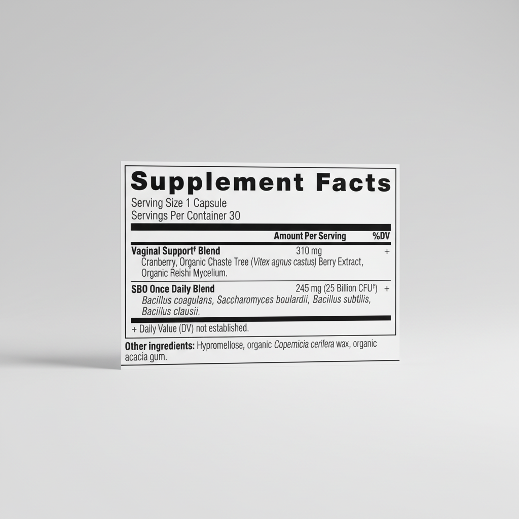 Supplement facts label for a vaginal support blend and SBO once daily blend on a white background.