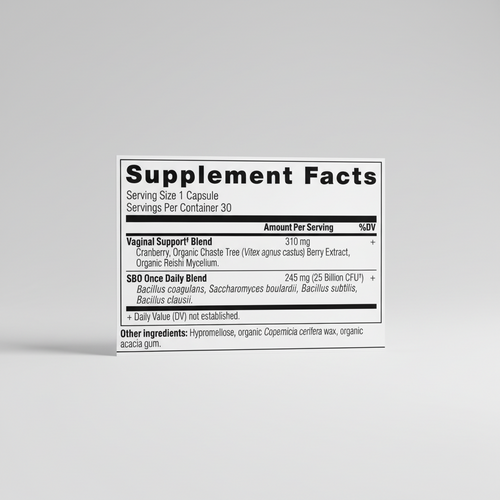 Supplement facts label for a vaginal support blend and SBO once daily blend on a white background.