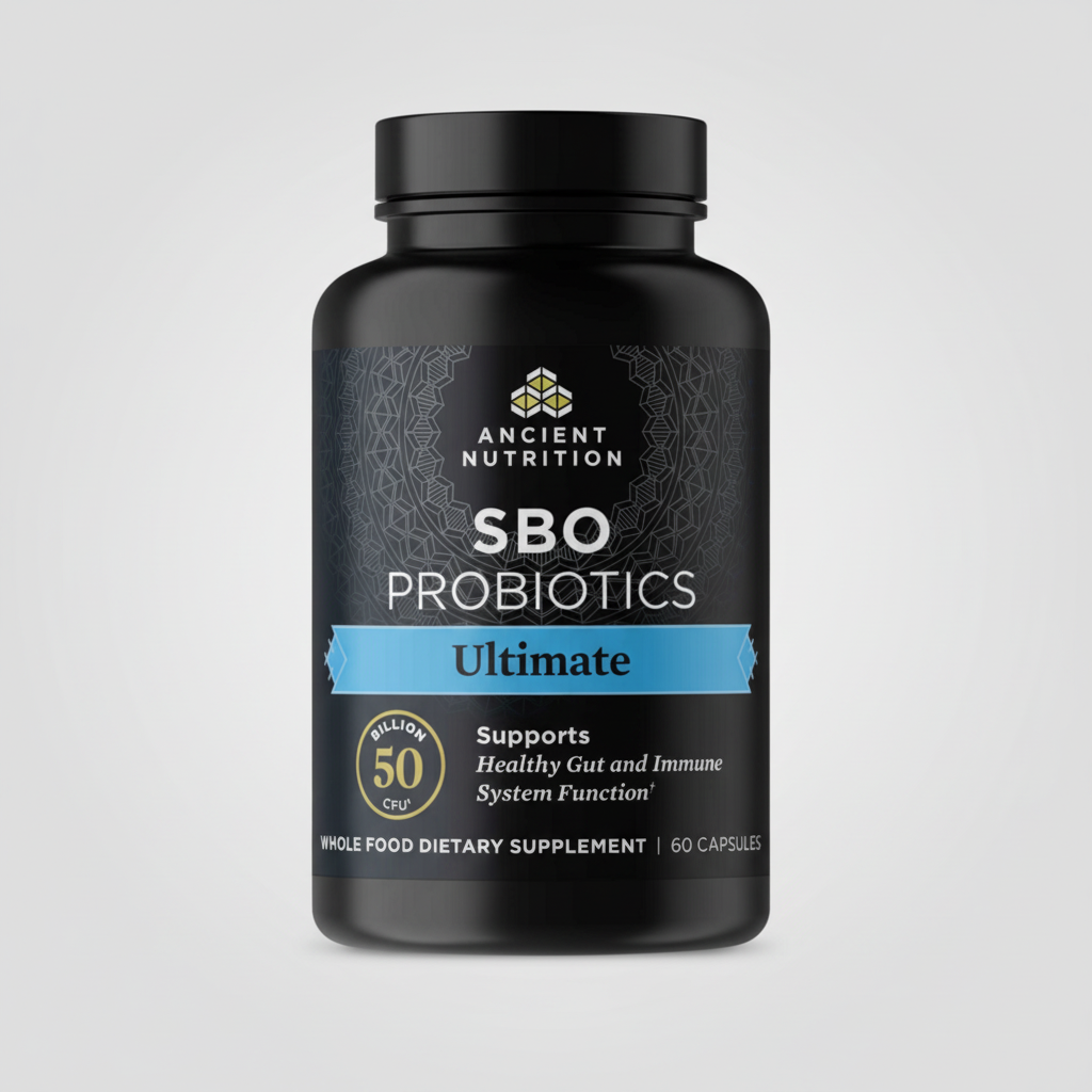 Black bottle of Ancient Nutrition SBO Probiotics on a white background