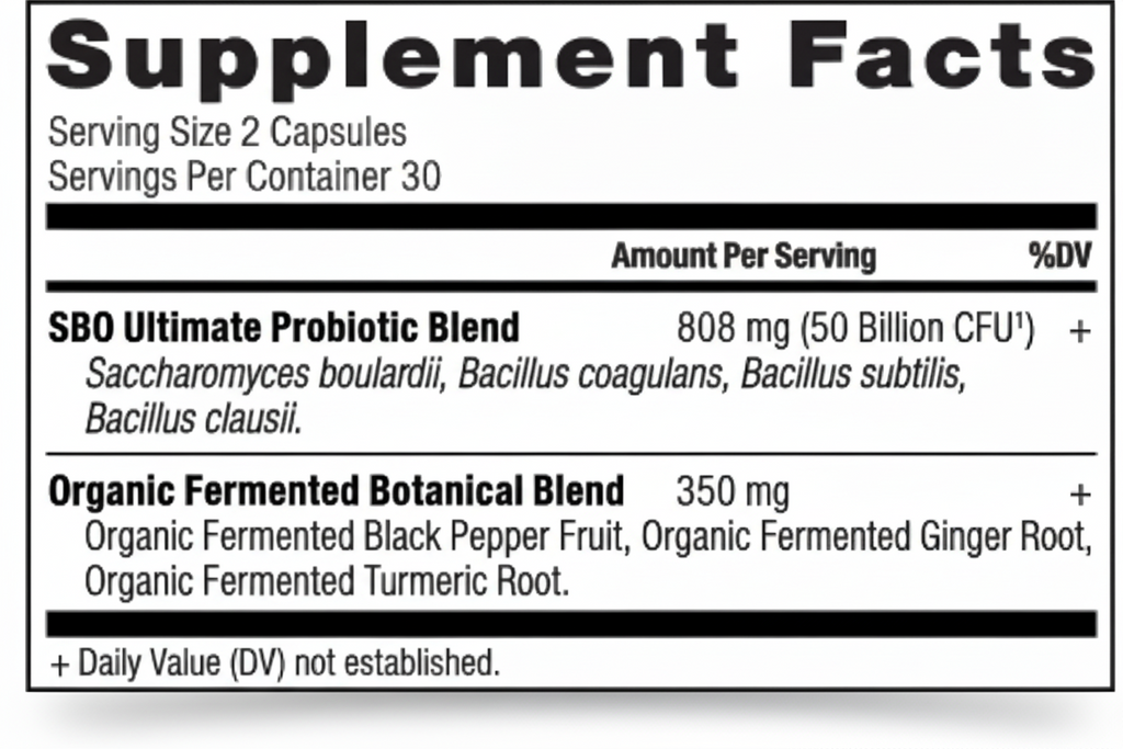 Supplement facts label for a probiotic blend with serving size and container details.