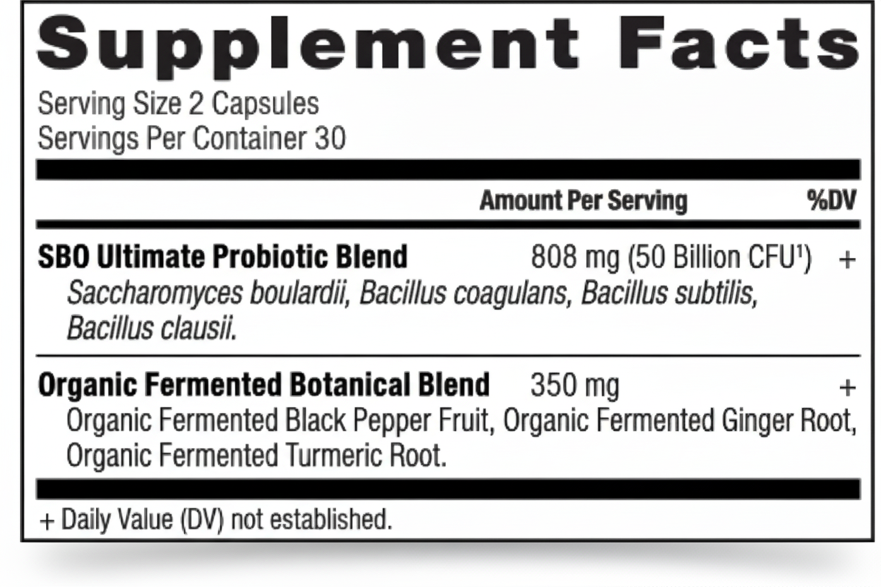 Supplement facts label for a probiotic blend with serving size and container details.