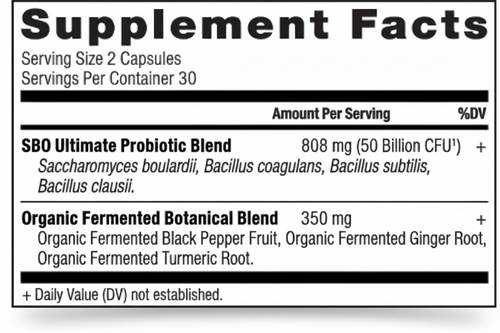 Supplement facts label for a probiotic blend with serving size and container details.