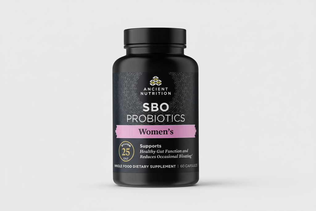 Black supplement bottle labeled 'SBO Probiotics Women's' by Ancient Nutrition on a white background.