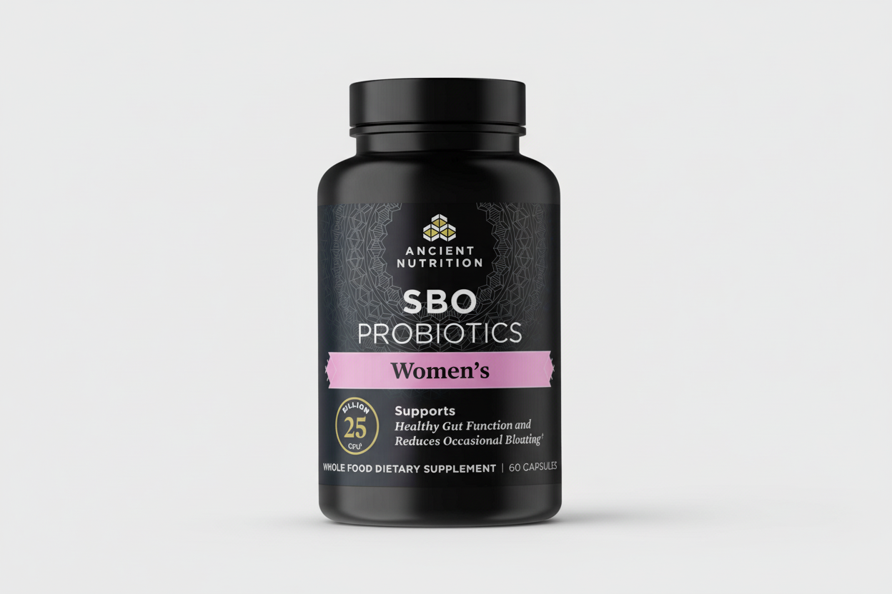 Black supplement bottle labeled 'SBO Probiotics Women's' by Ancient Nutrition on a white background.