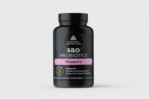 Black supplement bottle labeled 'SBO Probiotics Women's' by Ancient Nutrition on a white background.