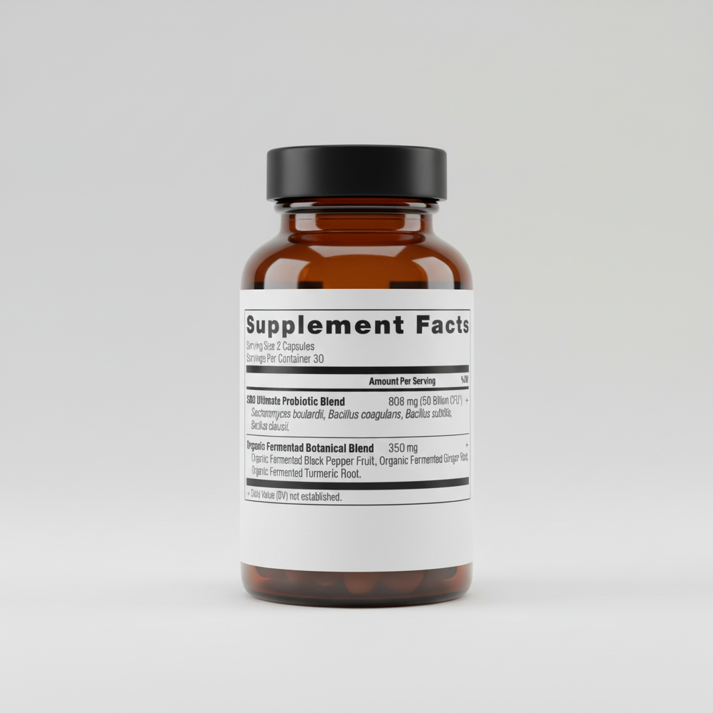 Supplement facts label for a probiotic blend with serving size and container details.