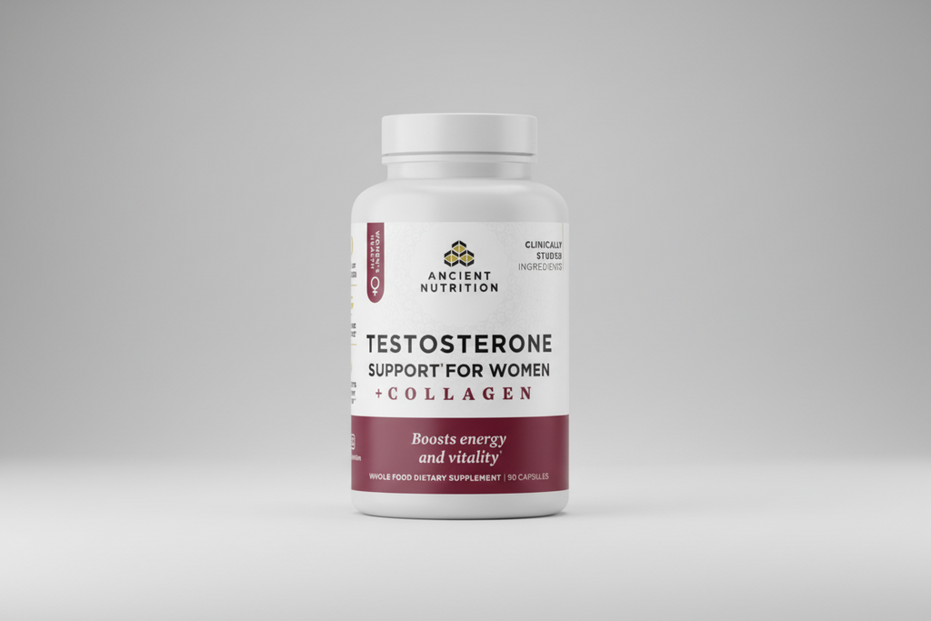 Supplement bottle labeled 'Testosterone Support for Women + Collagen' by Ancient Nutrition on a white background