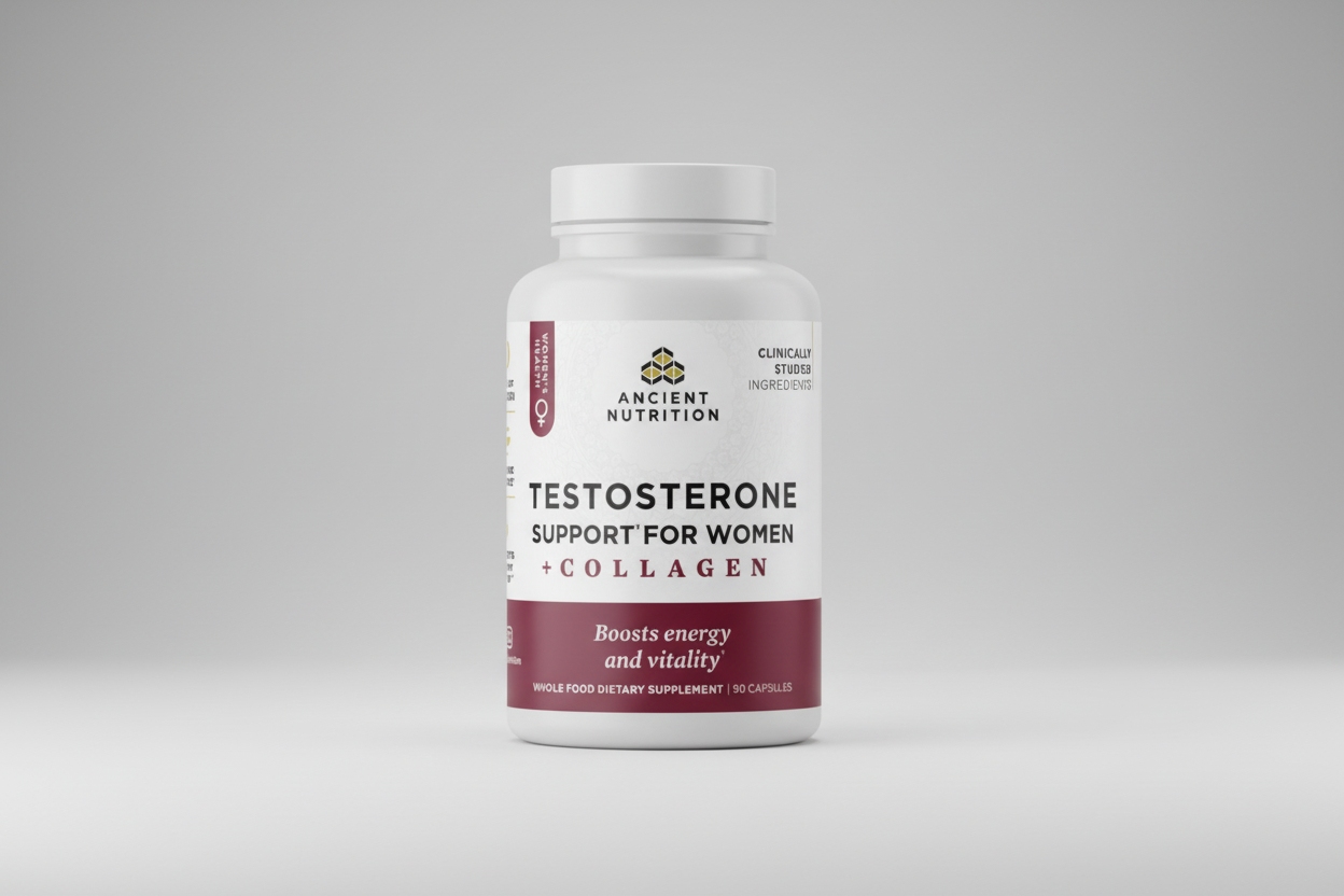 Supplement bottle labeled 'Testosterone Support for Women + Collagen' by Ancient Nutrition on a white background