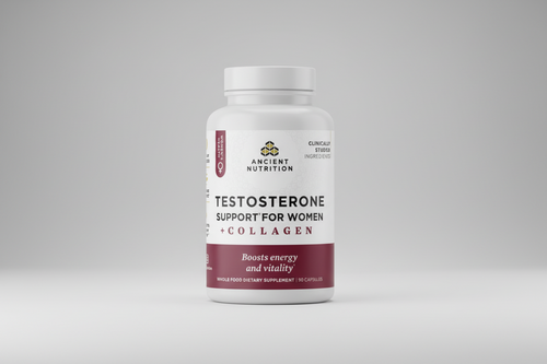 Supplement bottle labeled 'Testosterone Support for Women + Collagen' by Ancient Nutrition on a white background