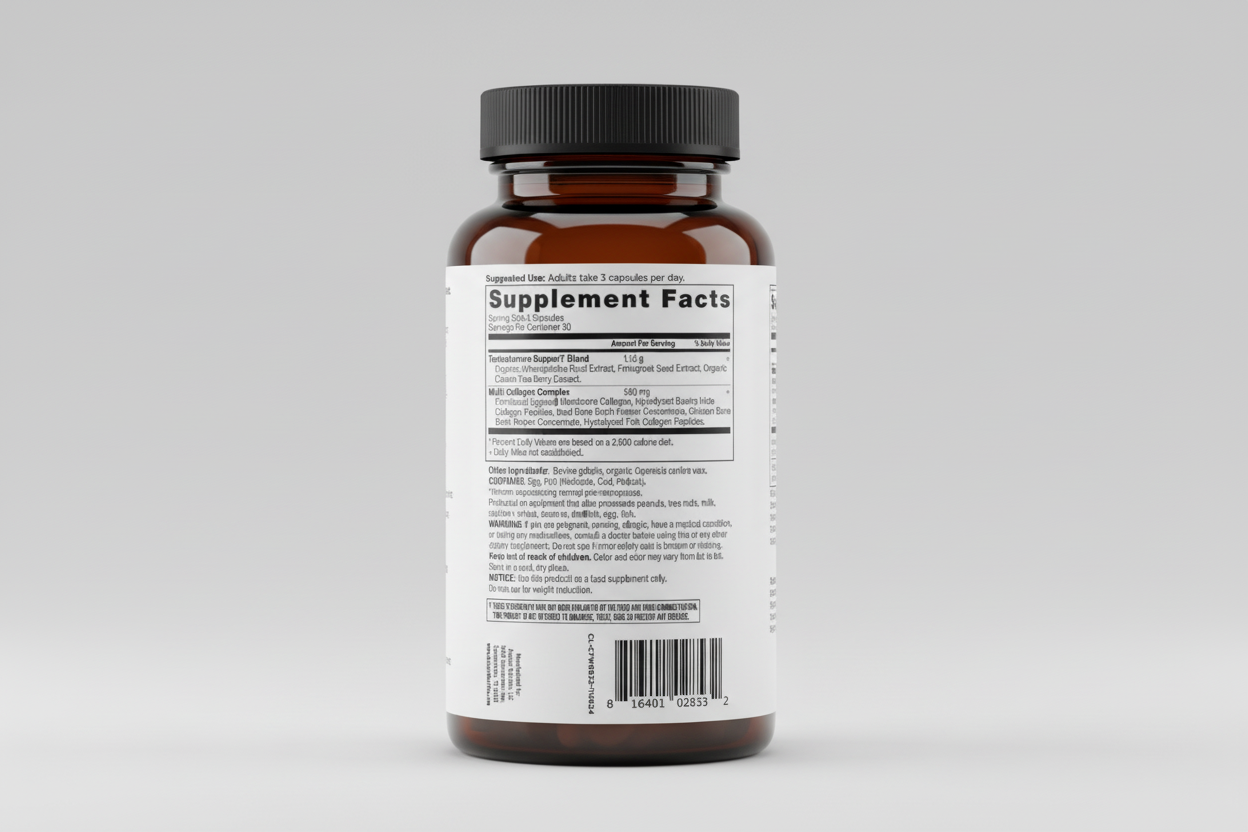 Supplement label with detailed ingredient list and usage instructions on a white background