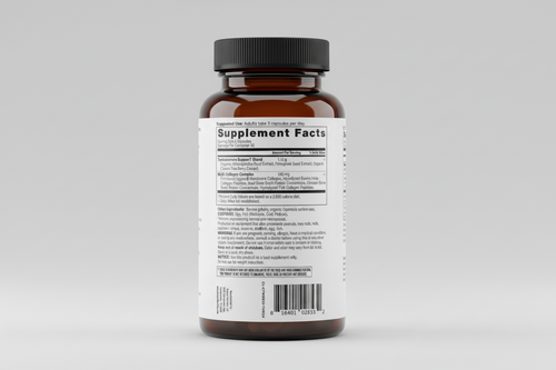 Supplement label with detailed ingredient list and usage instructions on a white background