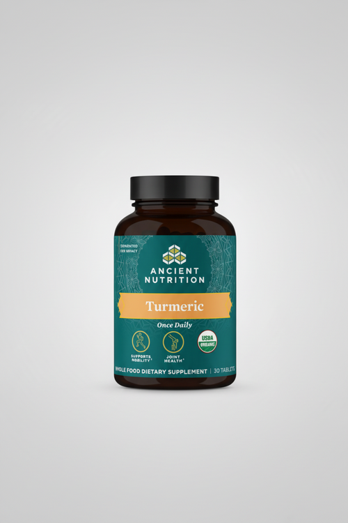 Ancient Nutrition Turmeric supplement bottle on a white background