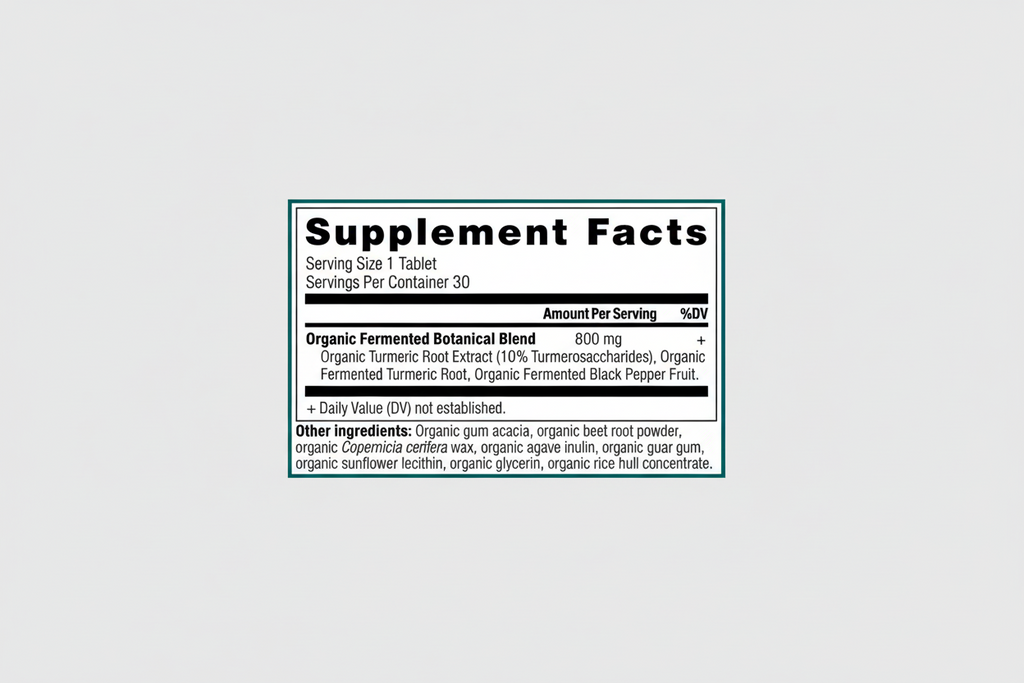 Supplement facts label with organic fermented botanical blend and other ingredients listed.