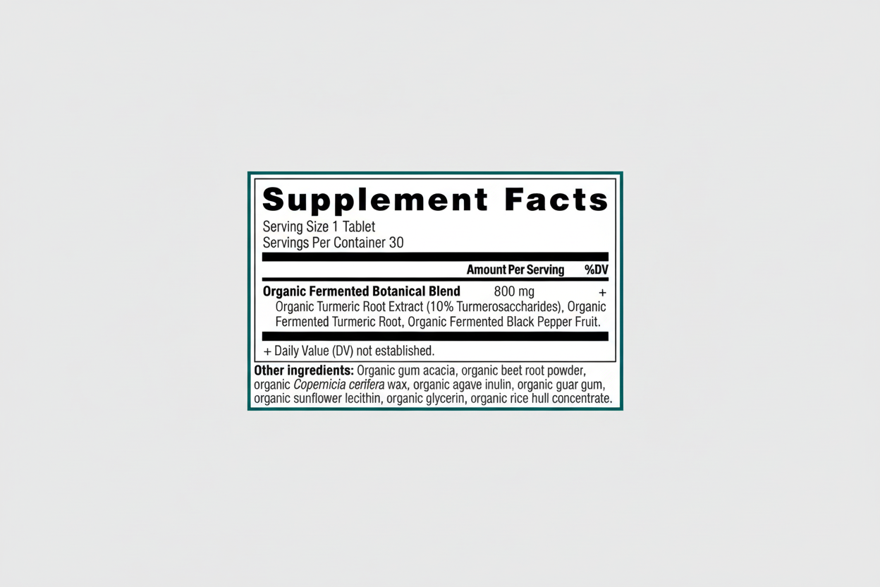 Supplement facts label with organic fermented botanical blend and other ingredients listed.