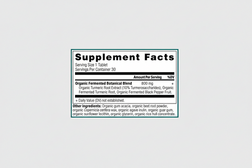 Supplement facts label with organic fermented botanical blend and other ingredients listed.