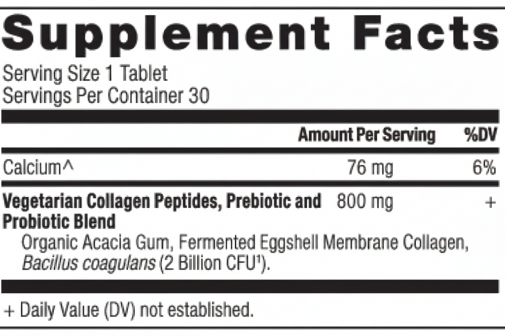 Supplement facts label with detailed nutritional information on a white background
