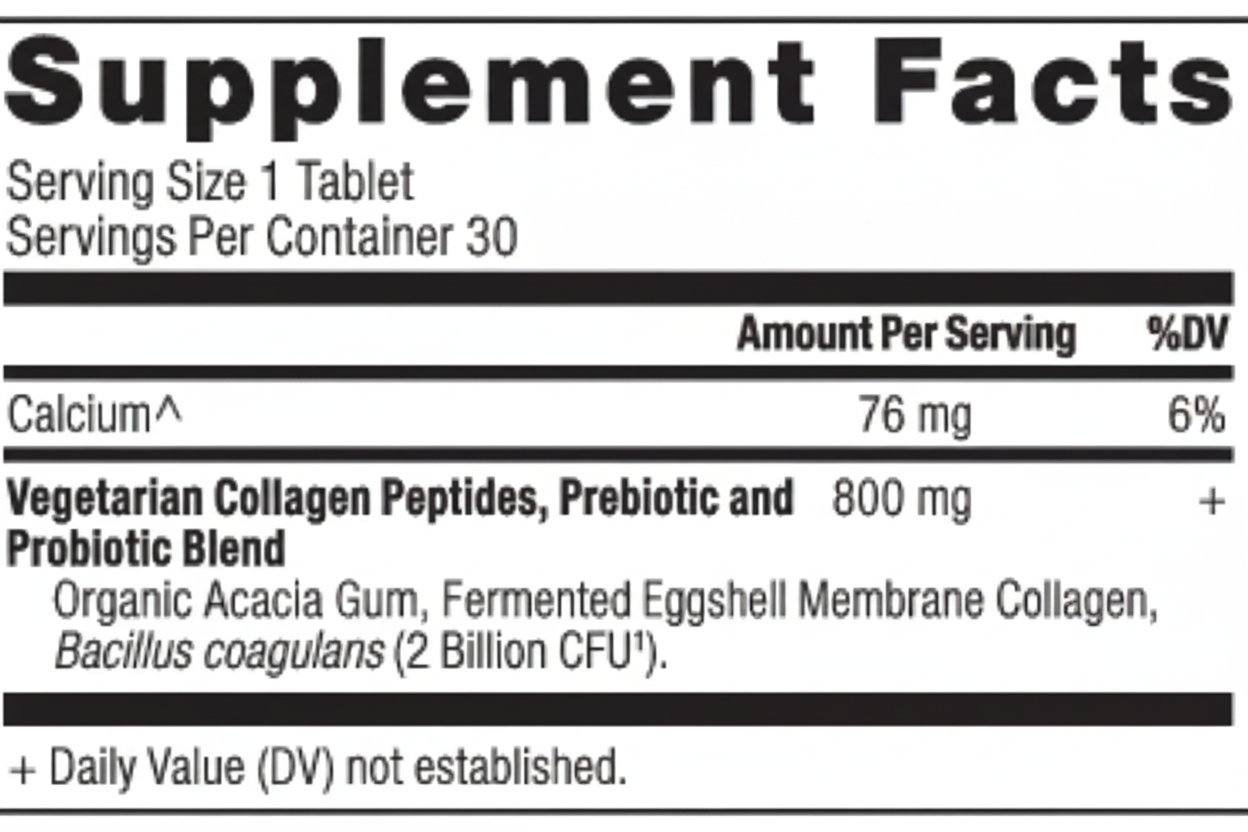 Supplement facts label with detailed nutritional information on a white background