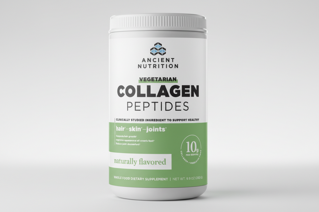 Container of Ancient Nutrition Vegetarian Collagen Peptides on a white background