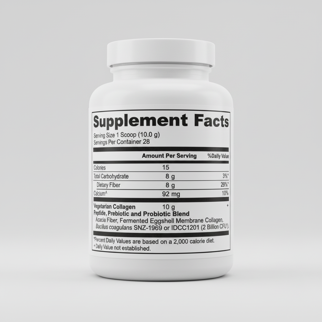 Supplement facts label with nutritional information and ingredients listed.
