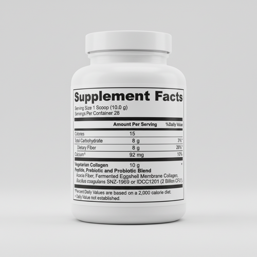 Supplement facts label with nutritional information and ingredients listed.