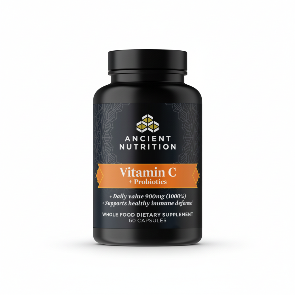 Supplement bottle labeled 'Ancient Nutrition Vitamin C + Probiotics' on a white background