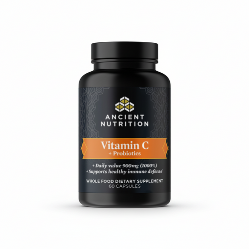 Supplement bottle labeled 'Ancient Nutrition Vitamin C + Probiotics' on a white background