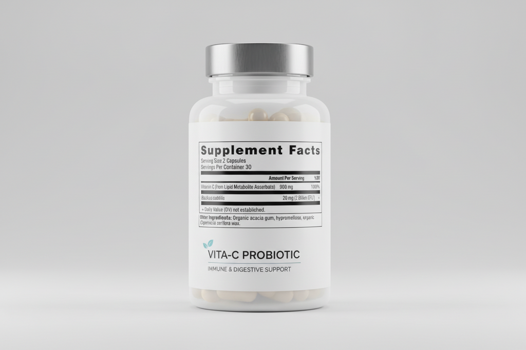 Supplement facts label with vitamin C and Bacillus subtilis content on a white background