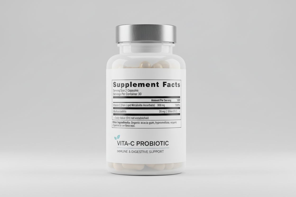 Supplement facts label with vitamin C and Bacillus subtilis content on a white background