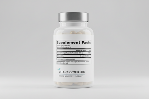 Supplement facts label with vitamin C and Bacillus subtilis content on a white background