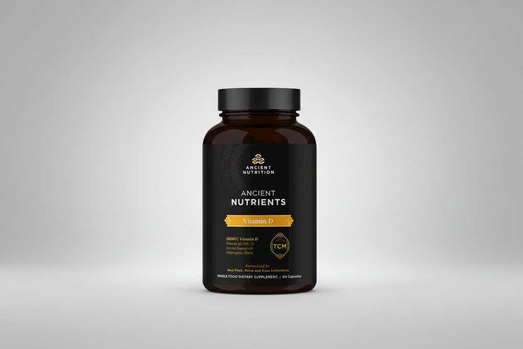 Bottle of Ancient Nutrition Vitamin D supplement on a white background
