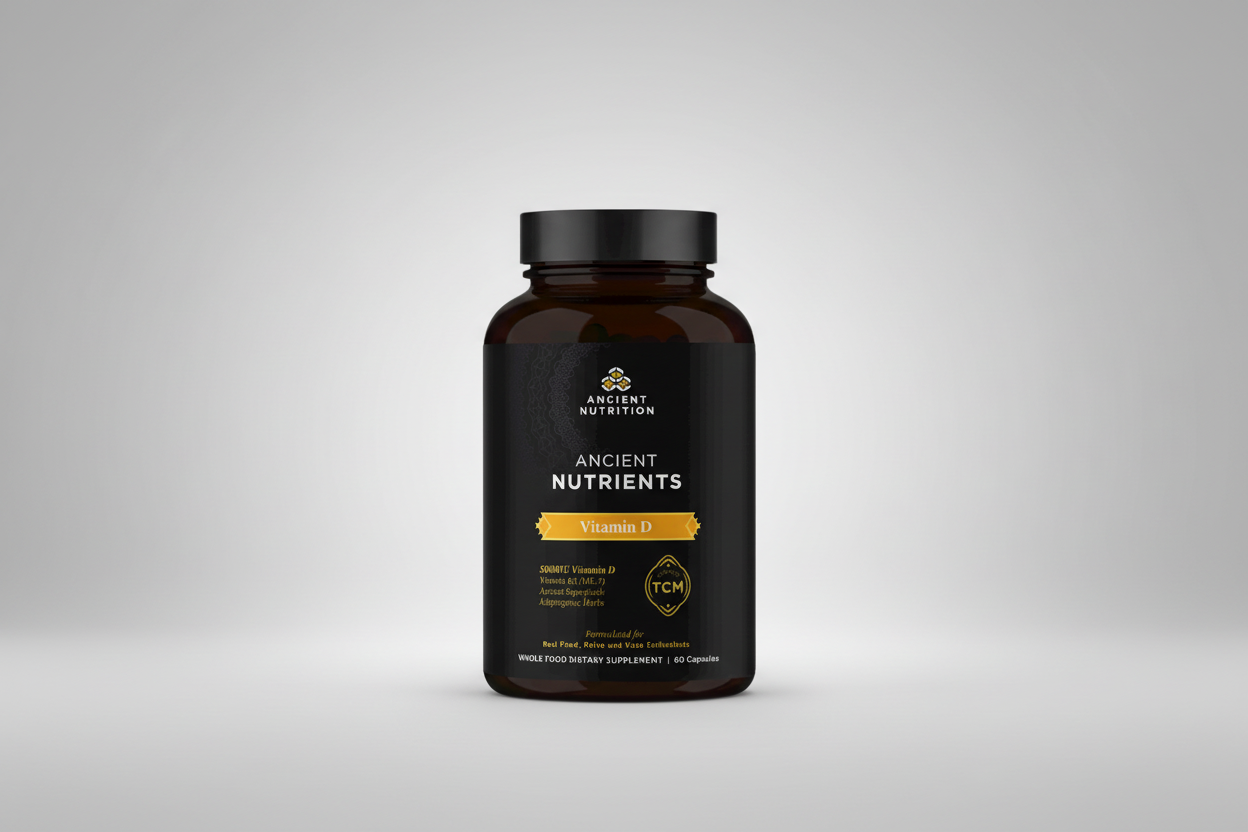 Bottle of Ancient Nutrition Vitamin D supplement on a white background