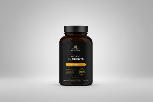 Bottle of Ancient Nutrition Vitamin D supplement on a white background