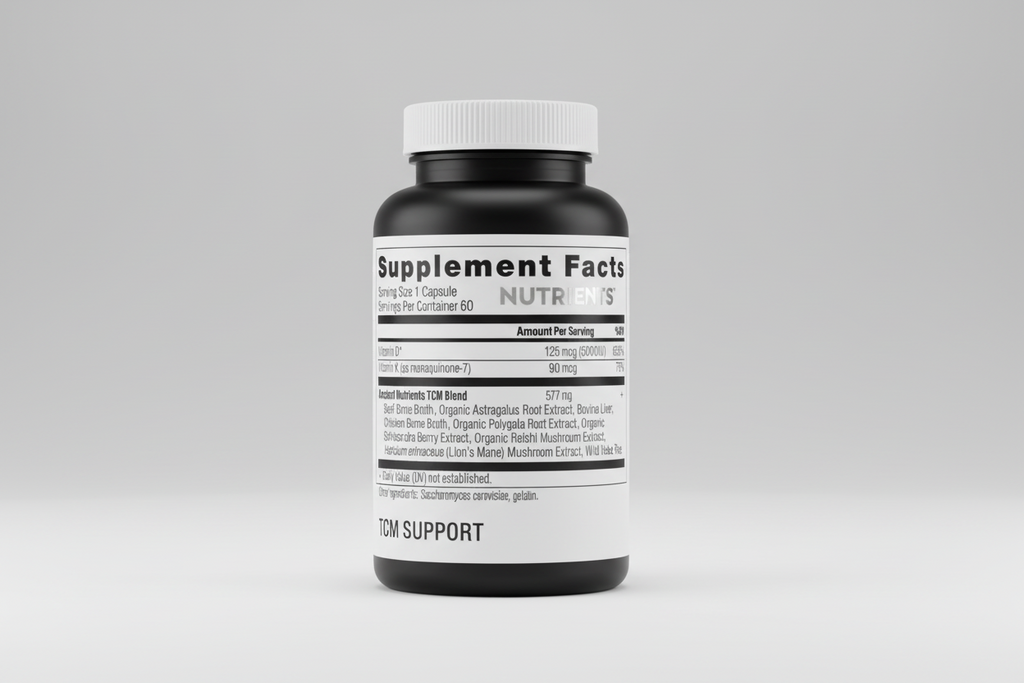 Supplement facts label with detailed nutritional information on a white background
