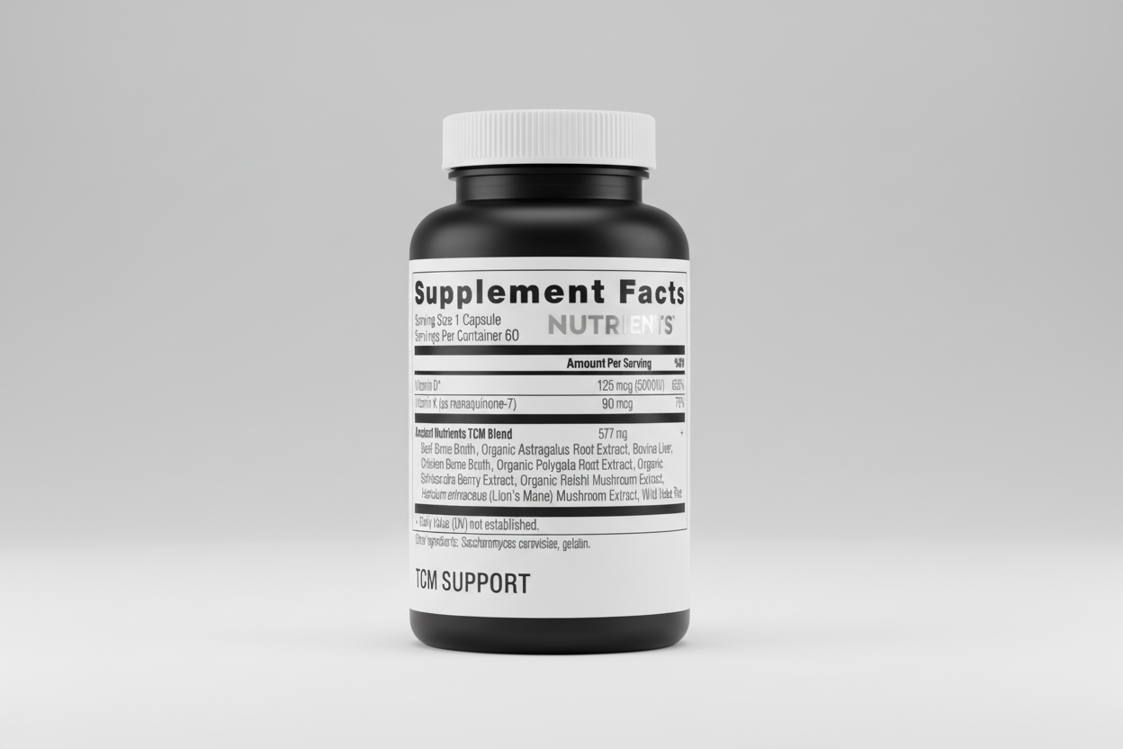 Supplement facts label with detailed nutritional information on a white background