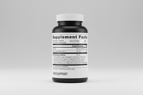 Supplement facts label with detailed nutritional information on a white background