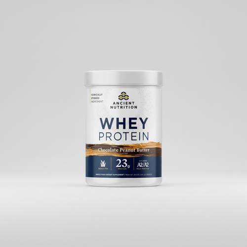 Container of Ancient Nutrition Whey Protein in Chocolate Peanut Butter flavor on a white background