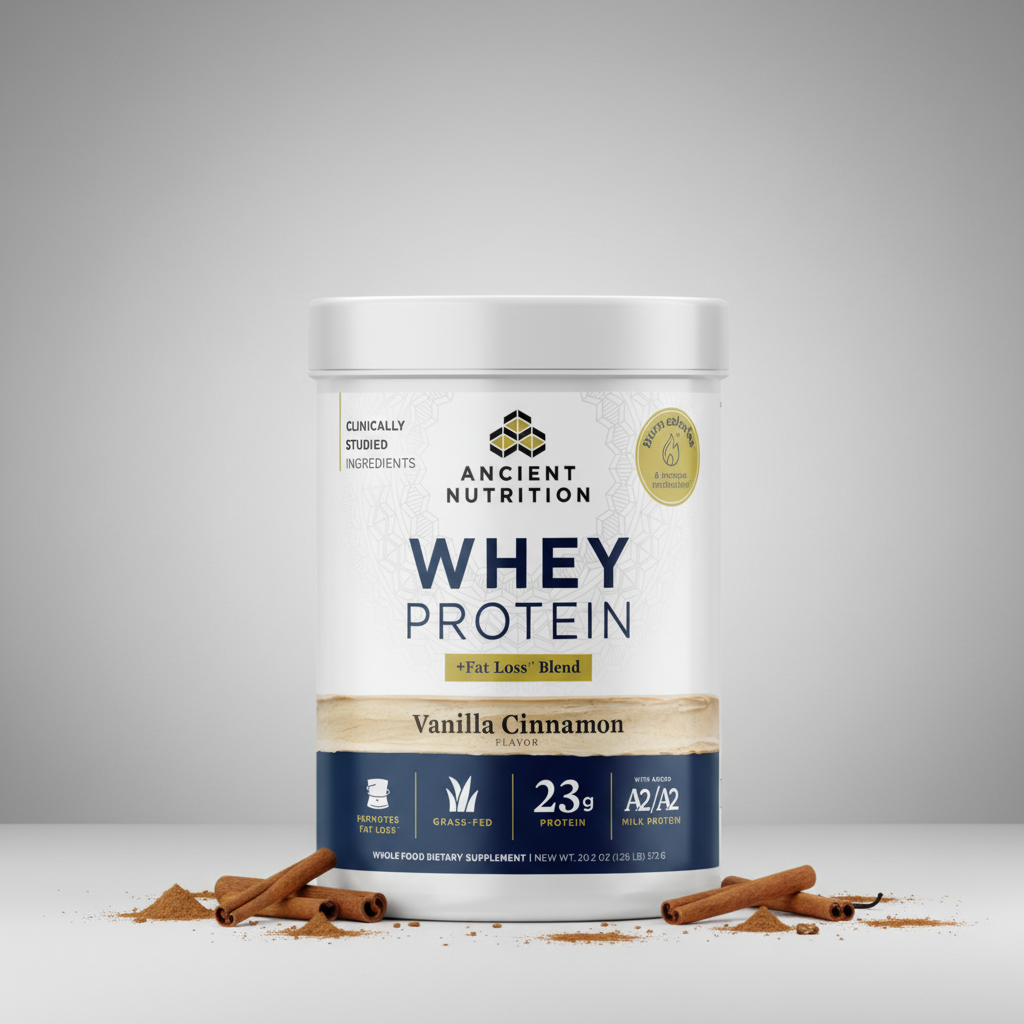 Ancient Nutrition whey protein powder container with vanilla cinnamon flavor on a white background