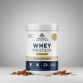 Ancient Nutrition whey protein powder container with vanilla cinnamon flavor on a white background