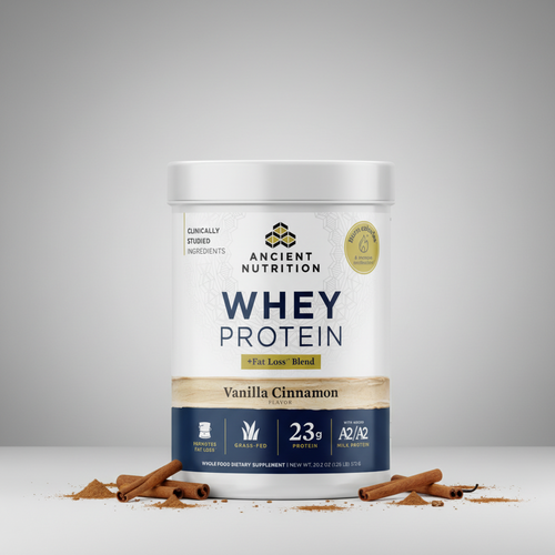 Ancient Nutrition whey protein powder container with vanilla cinnamon flavor on a white background