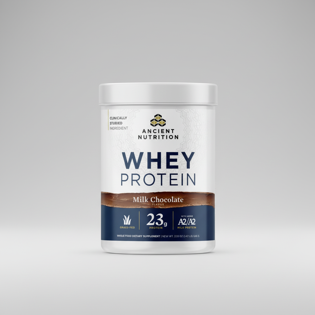 Container of Ancient Nutrition whey protein powder with milk chocolate flavor on a white background