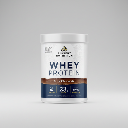 Container of Ancient Nutrition whey protein powder with milk chocolate flavor on a white background
