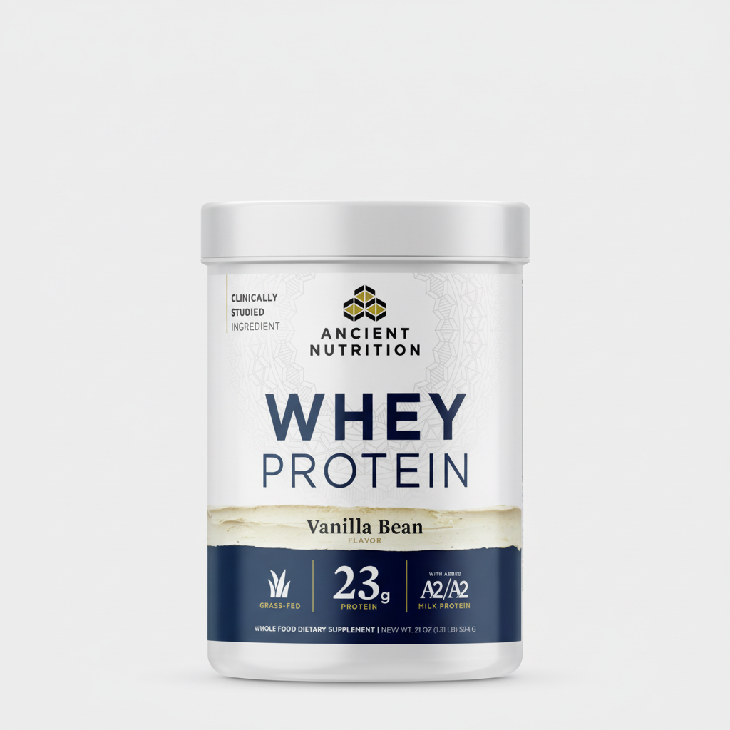 Container of Ancient Nutrition whey protein powder with vanilla bean flavor on a white background