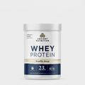 Container of Ancient Nutrition whey protein powder with vanilla bean flavor on a white background