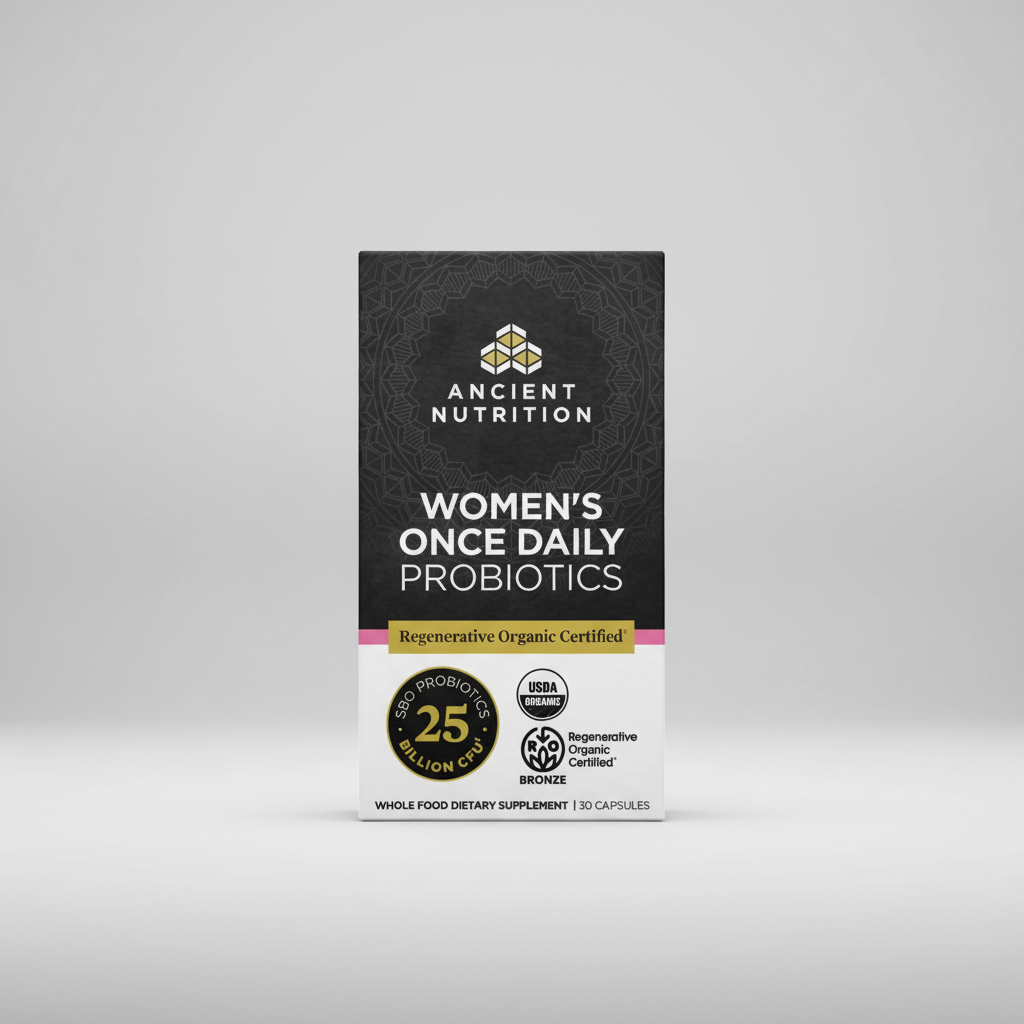 Box of Ancient Nutrition Women's Once Daily Probiotics on a white background